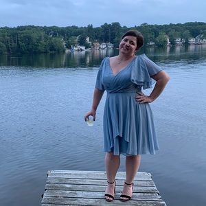 Azazie Dusty Blue knee length dress